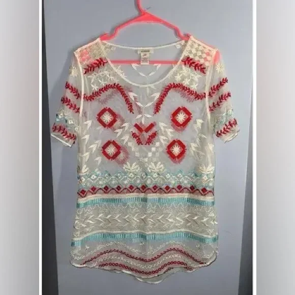 Sundance, Sheer Embroidered Boho Tunic Blouse Southwestern Folk Art Top Size Sm - Picture 3 of 11